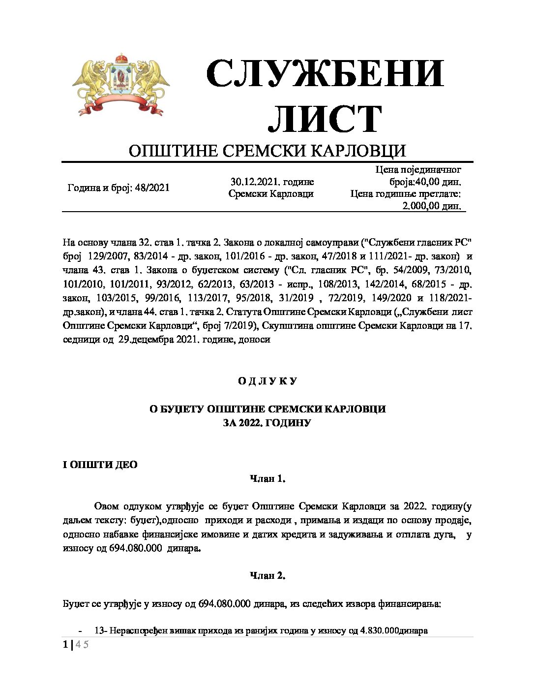 Sluzbeni list – 2021 – 48 BUDZET 2022